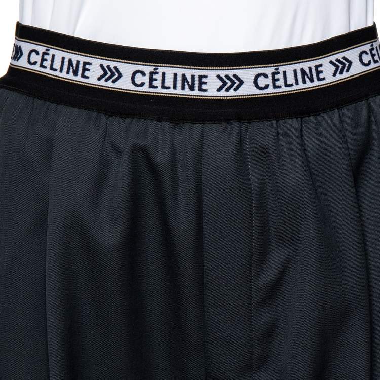 Pre Owned Celine Charcoal Grey Wool Elastic Logo Waist Detail Wide Leg Pants S