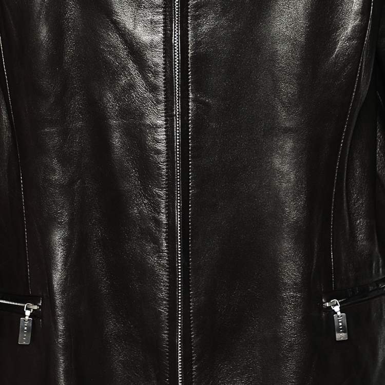 Pre Owned Celine Vintage Brown Leather Shearling Collar Zip Front Jacket L