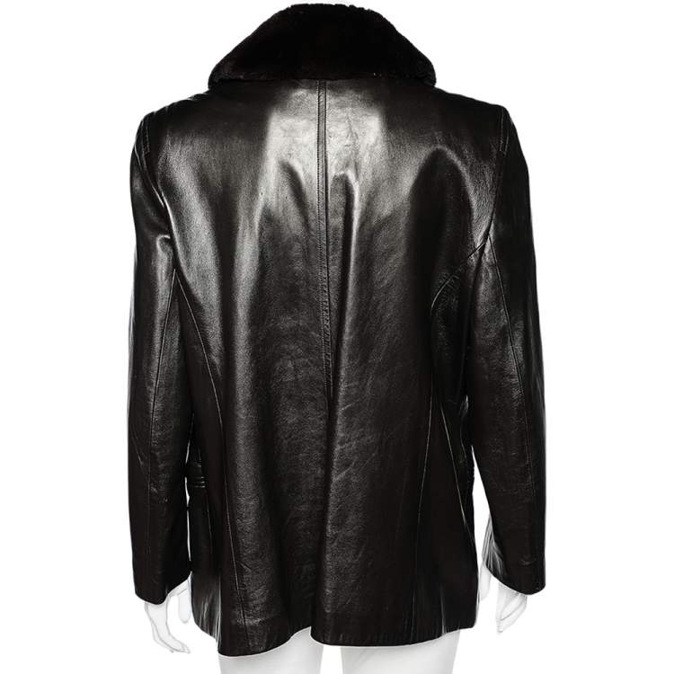 Pre Owned Celine Vintage Brown Leather Shearling Collar Zip Front Jacket L