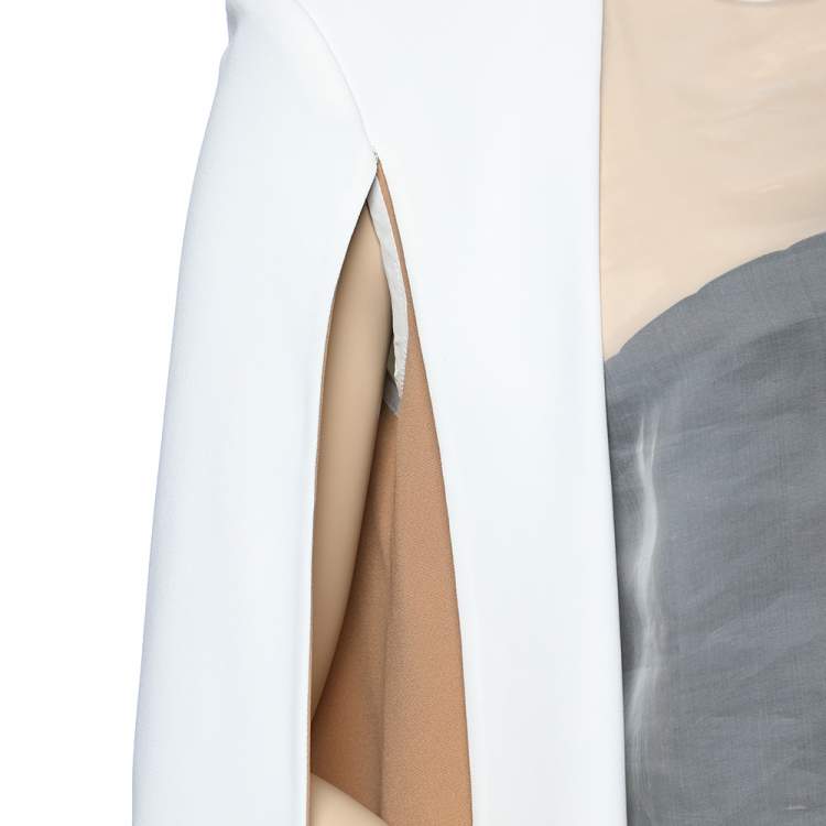 Pre Owned Celine Cream & Brown Crepe And Silk Cape Sleeve Sheer Detail Top M