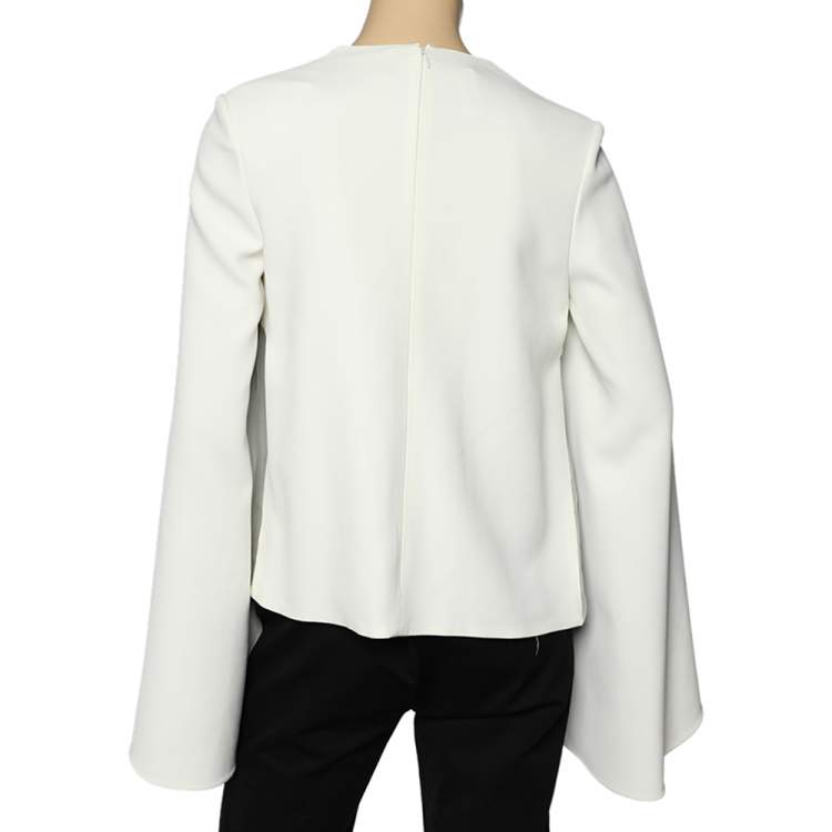 Pre Owned Celine Cream & Brown Crepe And Silk Cape Sleeve Sheer Detail Top M