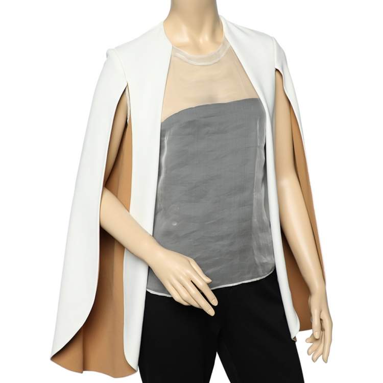 Pre Owned Celine Cream & Brown Crepe And Silk Cape Sleeve Sheer Detail Top M