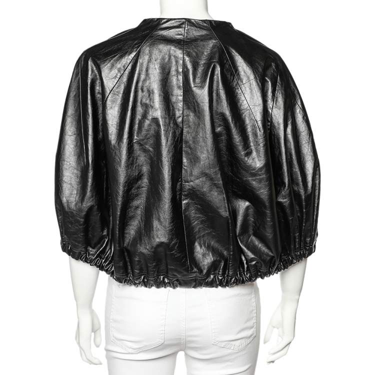 Pre Owned Celine Black Leather Drawstring Tie Cropped Cape M