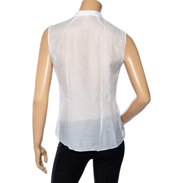 Pre Owned Celine White Cotton & Silk Pintuck Detail Sleeveless Top M
