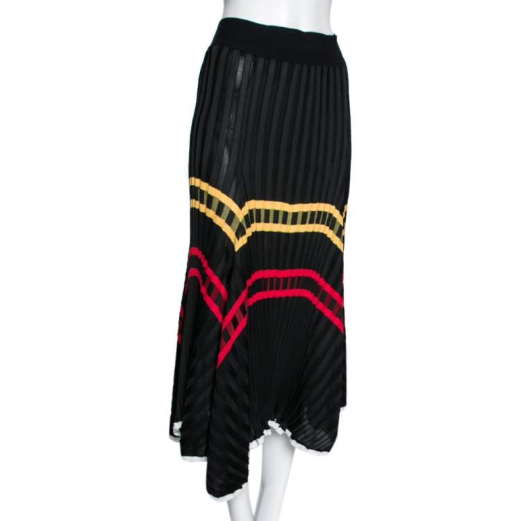 Pre Owned Celine Black Knit Striped Asymmetrical Midi Skirt S