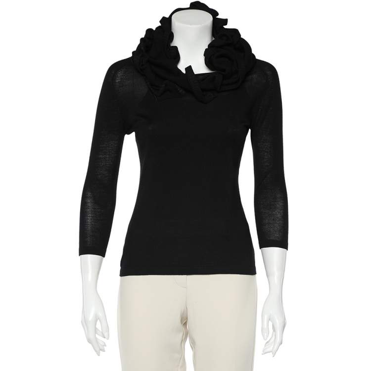 Pre Owned Celine Black Wool Knit Ruffled Structured Neck Detail Top S