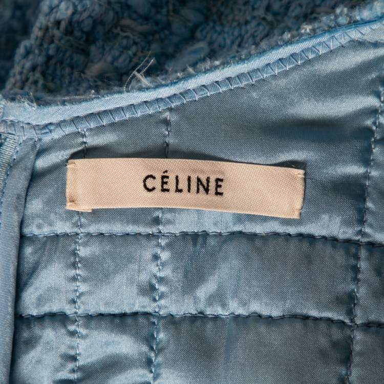 Pre Owned Celine Blue Tweed Fringed Hem Sleeveless Mini Dress M