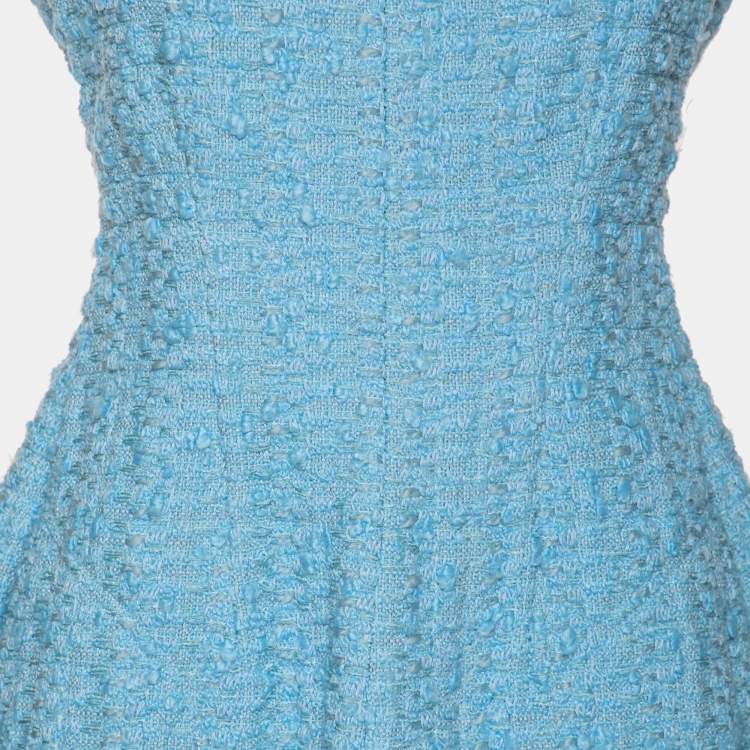 Pre Owned Celine Blue Tweed Fringed Hem Sleeveless Mini Dress M