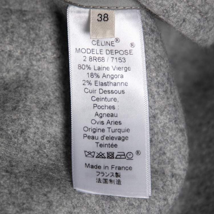 Pre Owned Celine Grey Wool and Leather Side Slit Detailed Belted Coat M