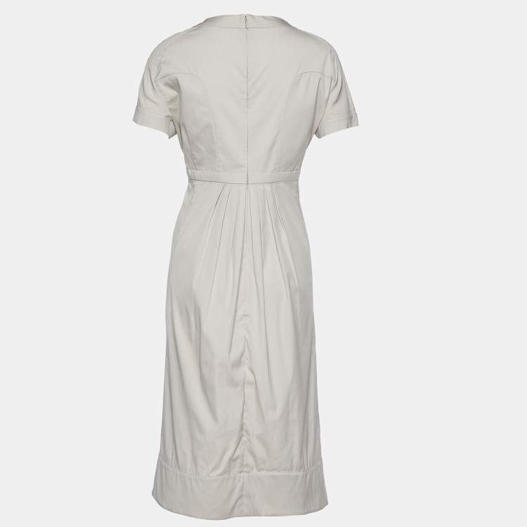 مملوكة مسبقًا Celine Light Beige Cotton Pleat Detailed Plunge Neck Dress XL