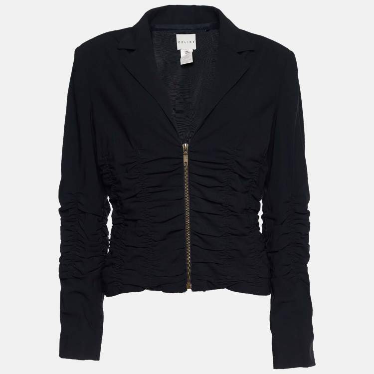 Pre Owned Celine Black Crepe Wool Ruched Zip Front Jacket L