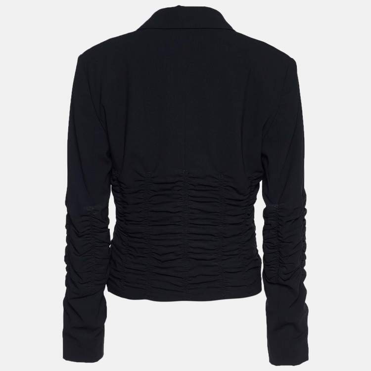 Pre Owned Celine Black Crepe Wool Ruched Zip Front Jacket L