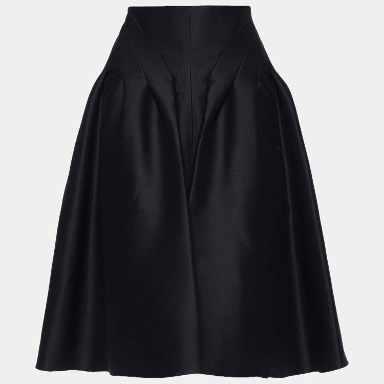 Pre Owned Celine Black Wool Pleat Detailed Knee Length Skirt L