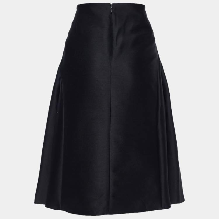 Pre Owned Celine Black Wool Pleat Detailed Knee Length Skirt L