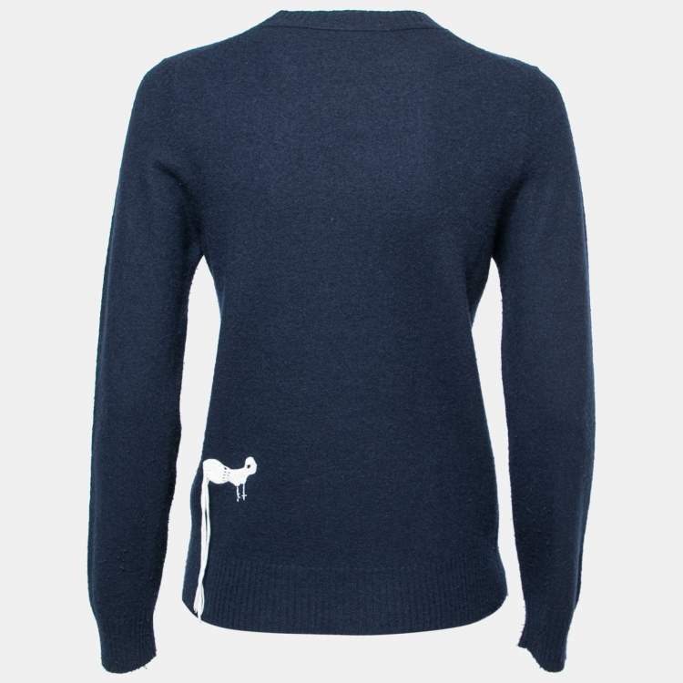 Pre Owned Celine Navy Blue Wool Embroidered Inset Detailed Long Sleeve Jumper S