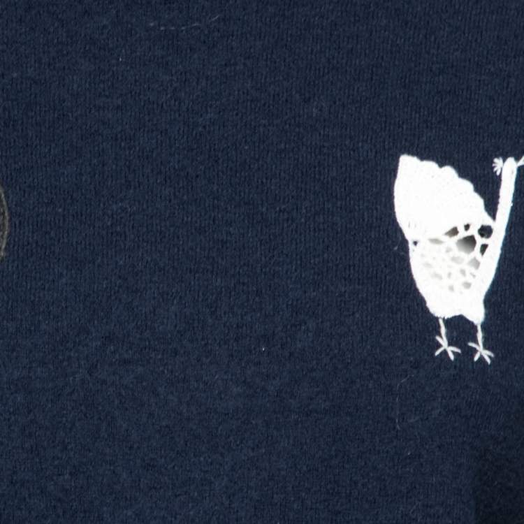 Pre Owned Celine Navy Blue Wool Embroidered Inset Detailed Long Sleeve Jumper S