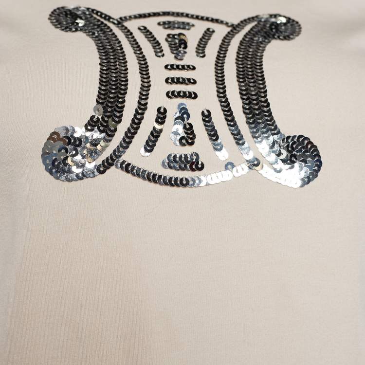 Pre Owned Celine Cream Cotton Sequin Embellished Crew Neck T-Shirt L 