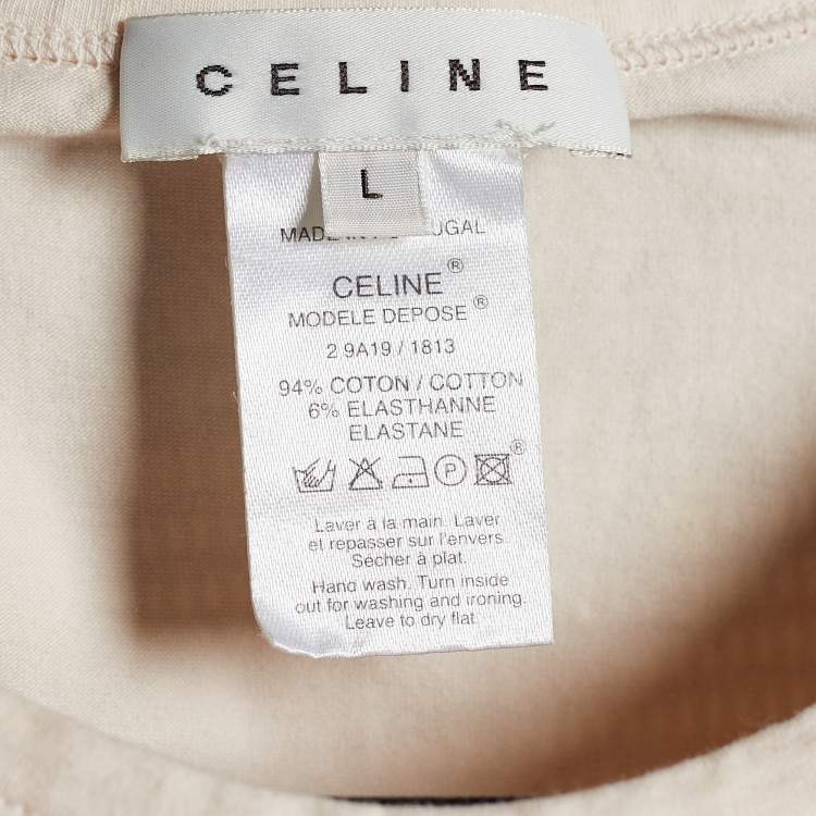 Pre Owned Celine Cream Cotton Sequin Embellished Crew Neck T-Shirt L 