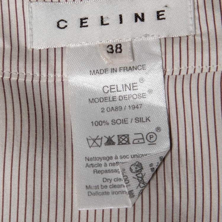 Pre Owned Celine White and Burgundy Silk Stripe Bow Front Blouse M