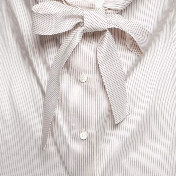 Pre Owned Celine White and Burgundy Silk Stripe Bow Front Blouse M