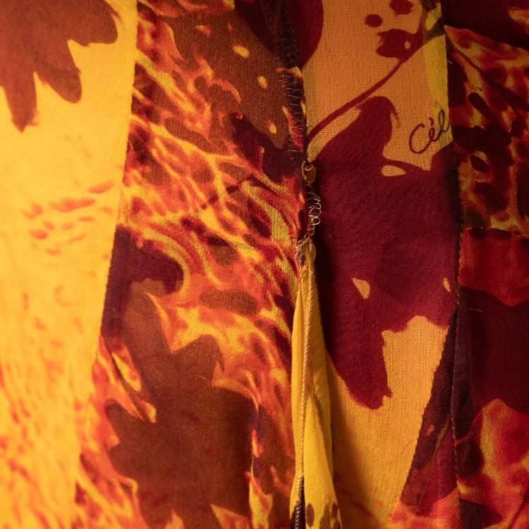 Pre Owned Celine Yellow and Orange Floral Printed Silk Dress S