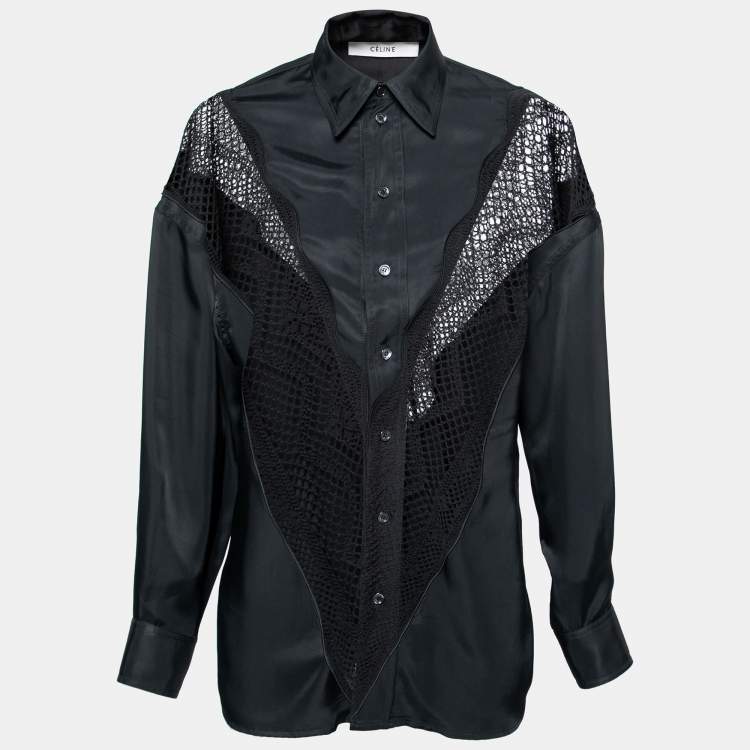 Pre Owned Celine Black Satin Lace Insert Long-Sleeve Shirt L   