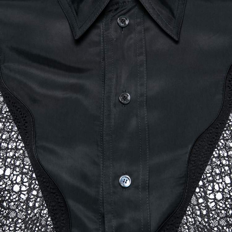 Pre Owned Celine Black Satin Lace Insert Long-Sleeve Shirt L   