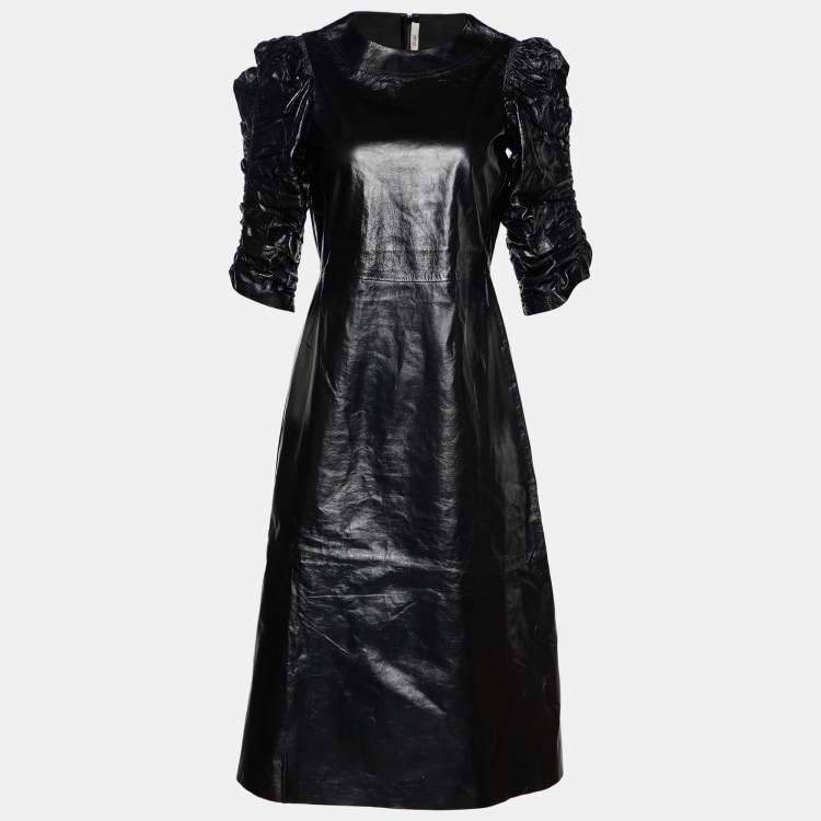 Pre Owned Celine Black Leather Ruched Sleeve Midi Dress S