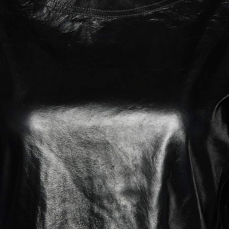 Pre Owned Celine Black Leather Ruched Sleeve Midi Dress S