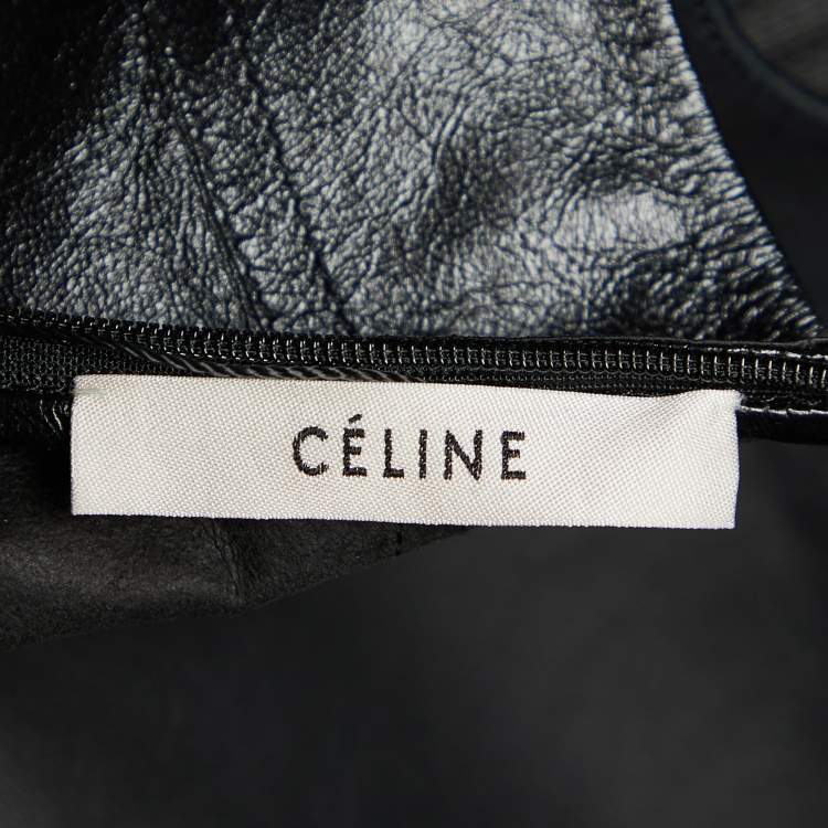 Pre Owned Celine Black Leather Ruched Sleeve Midi Dress S