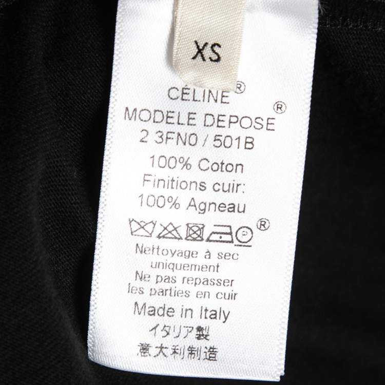 Pre Owned Celine Black Cotton Leather Trimmed Overlay Paneled Short Sleeve T-Shirt XS