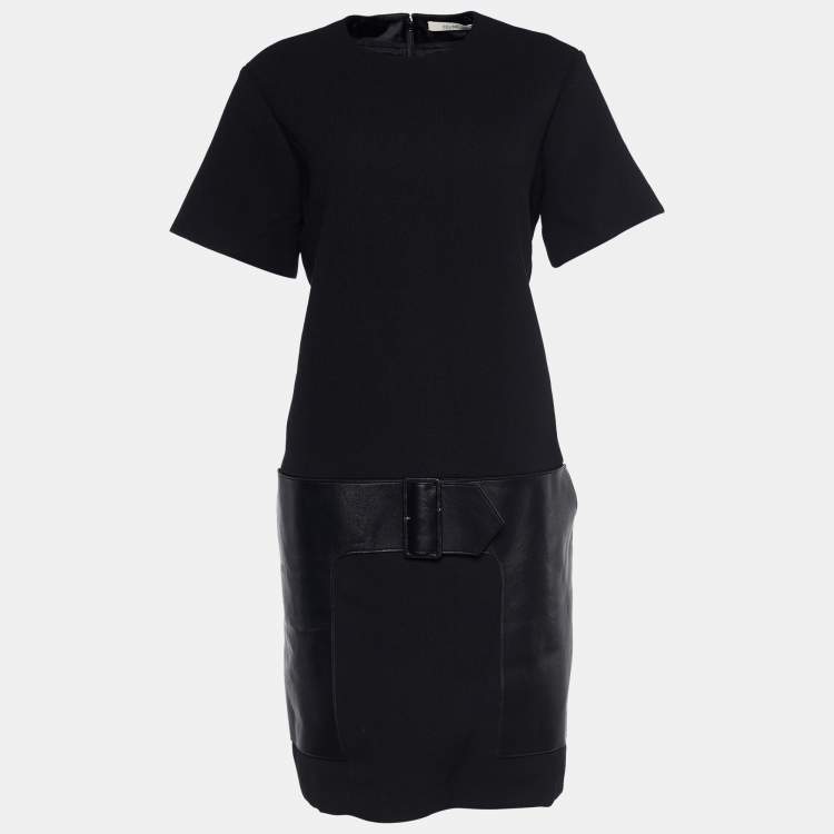 مملوكة مسبقًا Celine Black Crepe Wool Leather Detail Shift Dress M