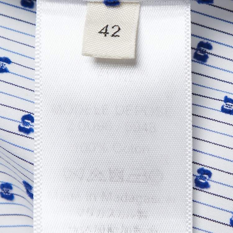 Pre Owned Celine White/ Blue Cotton Button Front Long Sleeve Shirt L
