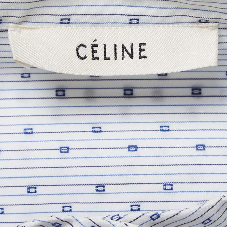 Pre Owned Celine White/ Blue Cotton Button Front Long Sleeve Shirt L
