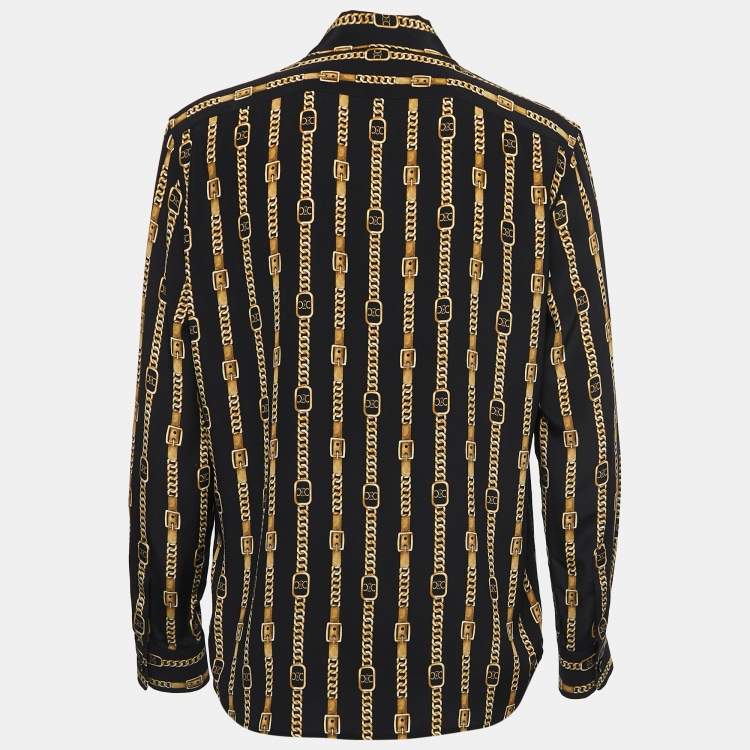 Pre Owned Celine Black Chain Printed Silk Tie-Neck Blouse M