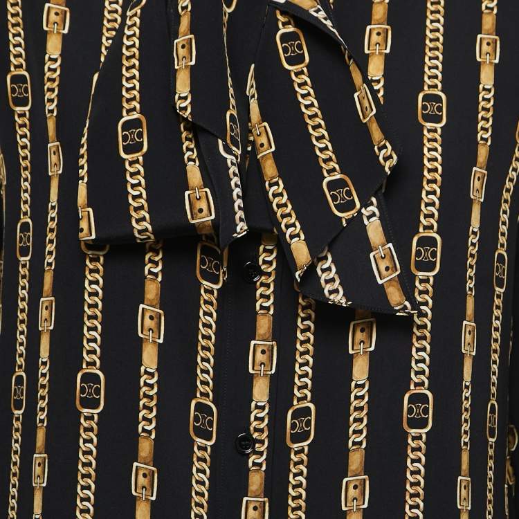 Pre Owned Celine Black Chain Printed Silk Tie-Neck Blouse M