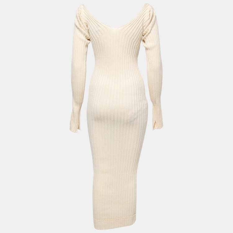 Pre Owned Celine Cream Ribbed Knit Long Bodycon Dress S