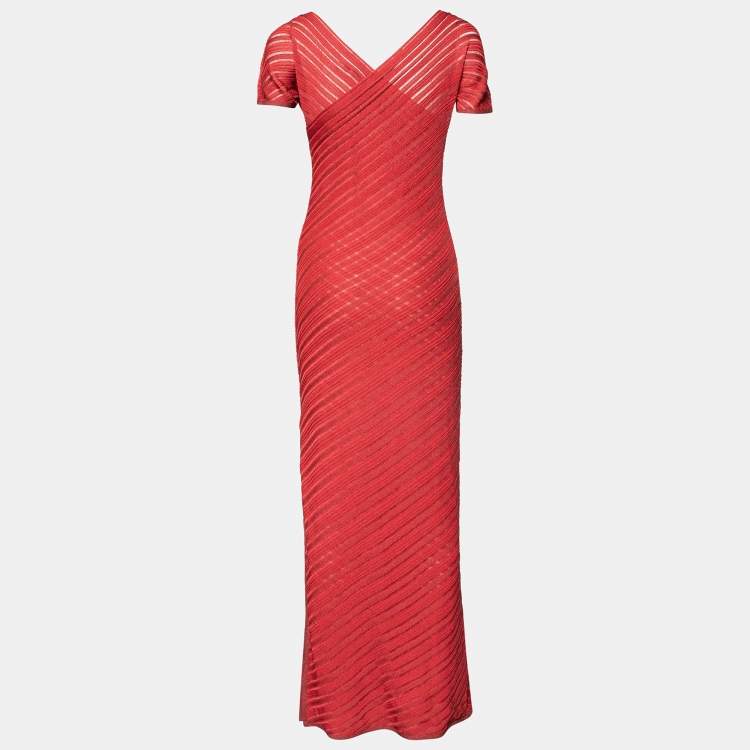 Pre Owned Celine Red Perforated Knit Maxi Dress M