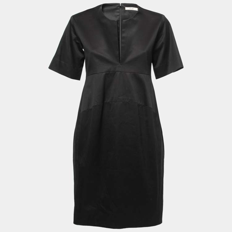 Pre Owned Celine Black Cotton Plunge Neck Midi Dress S