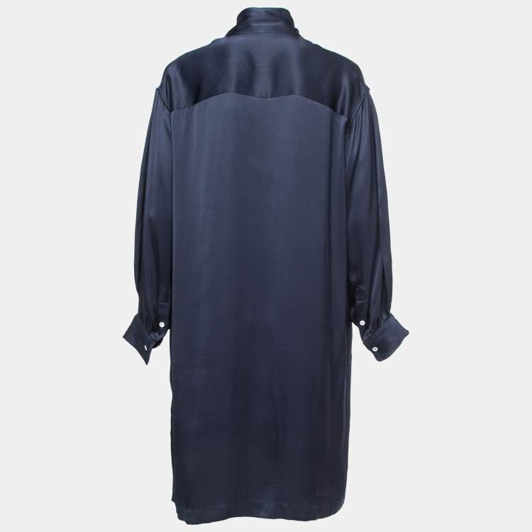 Pre Owned Celine Blue Silk Neck Tie Detail Long Sleeve Midi Dress S