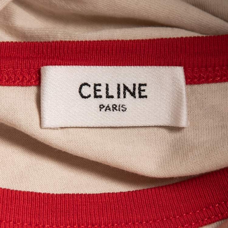 Pre Owned Celine Beige/Red Printed Cotton Half Sleeve Crew Neck T-Shirt M