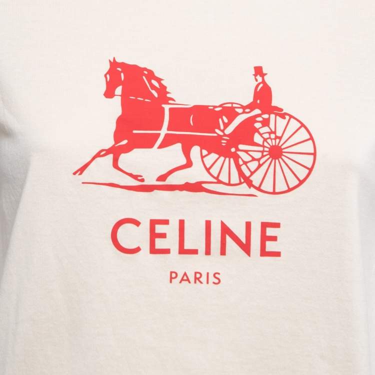 Pre Owned Celine Beige/Red Printed Cotton Half Sleeve Crew Neck T-Shirt M
