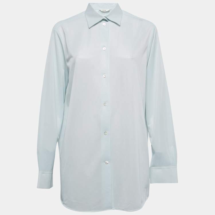 Pre Owned Celine Light Blue Synthetic Button Front Full Sleeve Shirt M