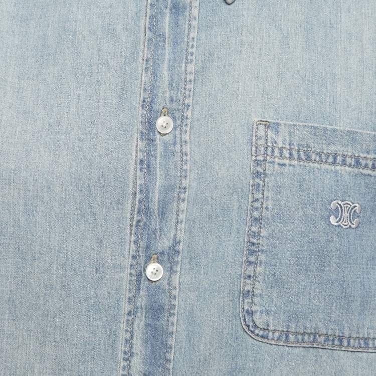 Pre Owned Celine Blue Washed Denim Button Front Full Sleeve Cropped Shirt L