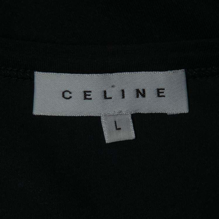 Pre Owned Celine Black Logo Print Crystals Embellished Cotton Crew Neck Short Sleeve T-Shirt L
