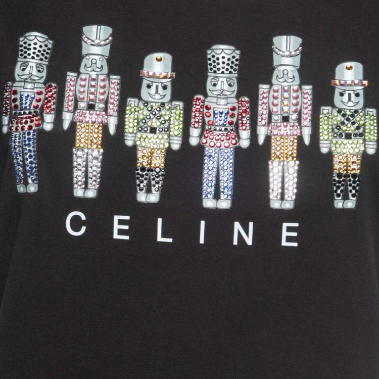 Pre Owned Celine Black Logo Print Crystals Embellished Cotton Crew Neck Short Sleeve T-Shirt L