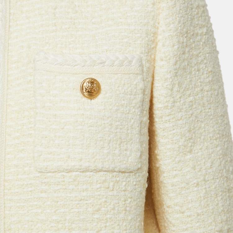 Pre Owned Celine Cream Boucle Tweed Open Front Cropped Jacket M
