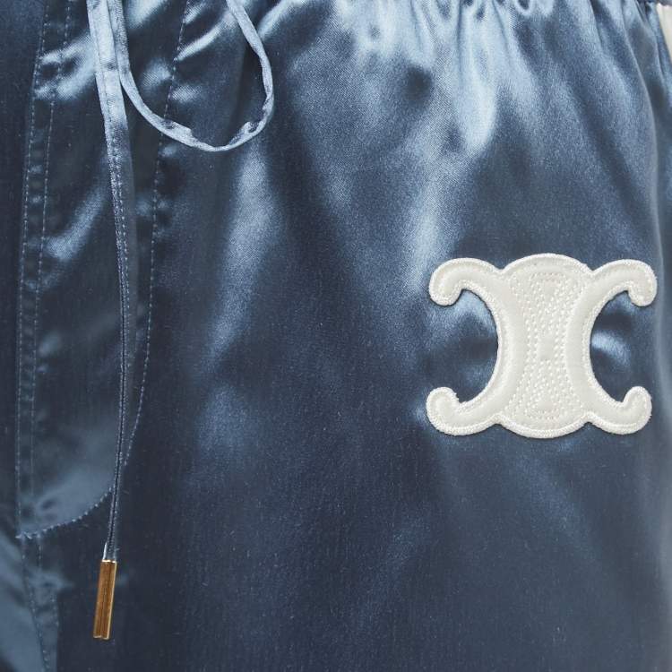 Pre Owned Celine Blue Logo Embroidered Satin Drawstring Wide Leg Pants S