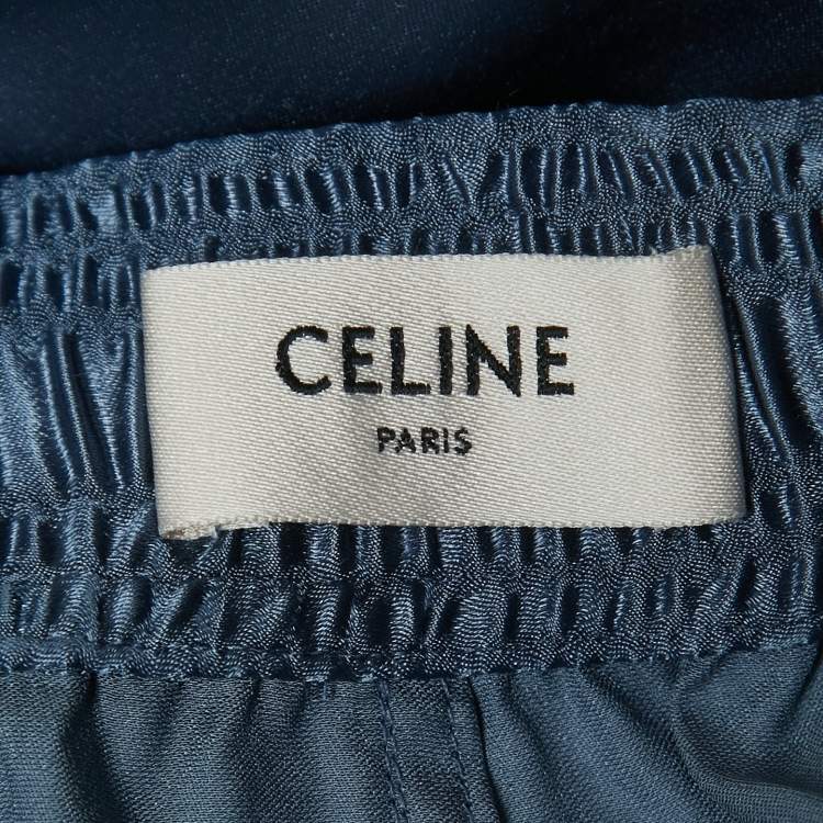 Pre Owned Celine Blue Logo Embroidered Satin Drawstring Wide Leg Pants S