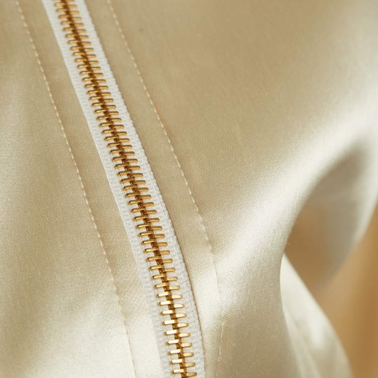 Pre Owned Celine Cream Satin Embroidered Bomber Jacket S